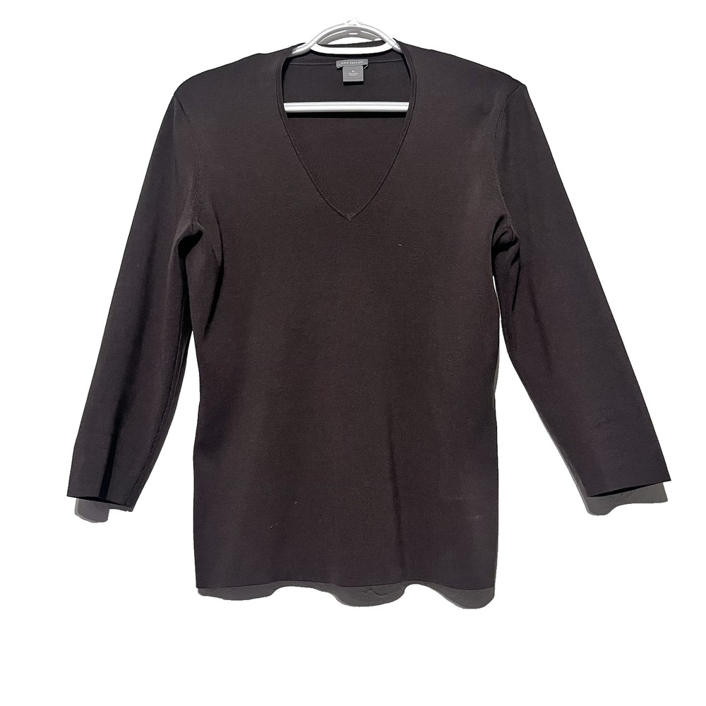 Ann Taylor Sweater Top Womens Brown V-Neck Ribbed 3/4 Sleeve M